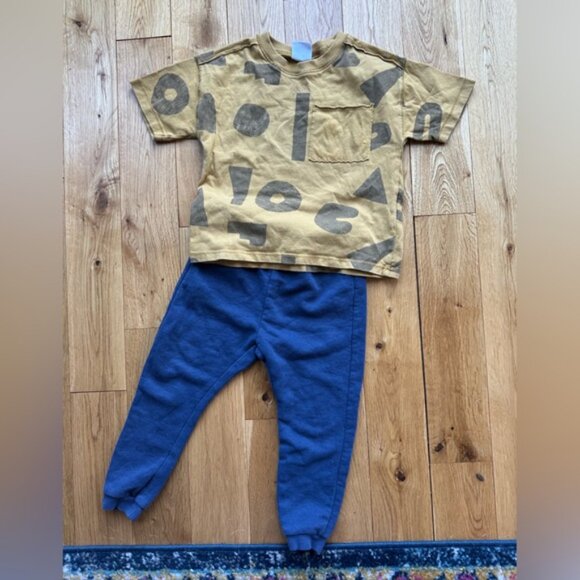 Zara Kids Toddler Boy 2-3 Outfit Mustard Geometric T-Shirt Blue Joggers Sweats - Picture 3 of 11